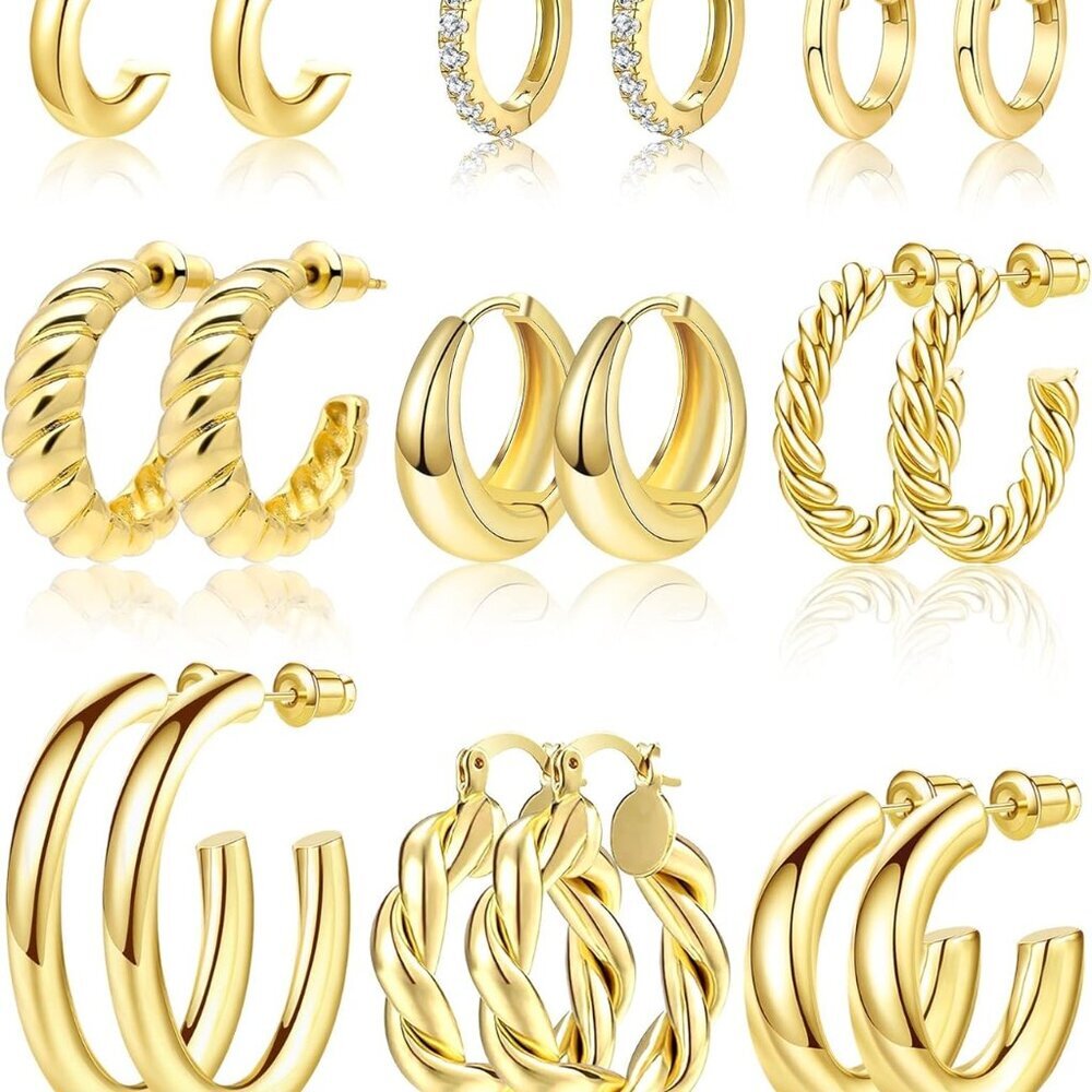 9 Pairs Gold Hoop Earrings Set for Womens Twisted Huggie Hoops Earrings 14K 18K